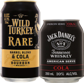 Wild+Turkey+Rare+%26amp%3B+Cola+8%25+Premix+Cans+375mL+or+Jack+Daniel%26%23039%3Bs+American+Serve+10%25+Premix+Range+Cans+250mL+4+Pack