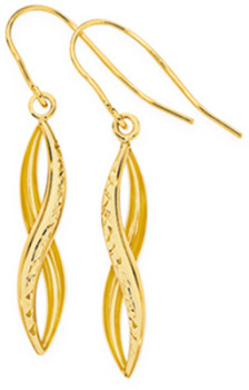 9ct+Gold+Diamond-Cut+Twist+Pointed+Hook+Drop+Earrings
