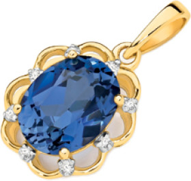 9ct+Gold+Created+Sapphire+%26amp%3B+Diamond+Oval+Flower+Pendant