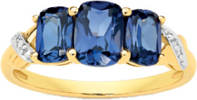9ct+Gold+Created+Sapphire+%26amp%3B+Diamond+Trilogy+Ring