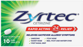 Zyrtec-Rapid-Acting-Hayfever-Allergy-Relief-Antihistamine-Mini-Tablets-10-Pack on sale