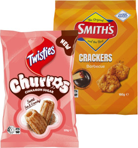 Twisties-Cinnamon-Sugar-Churros-120g-Smithʼs-Crackers-160g-or-Cheetos-110g-Selected-Varieties on sale