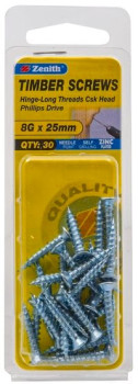 Zenith-8G-x-25mm-Zinc-Plated-Hinge-Long-Threads-Countersunk-Head-Timber-Screws-Pack-of-30 on sale