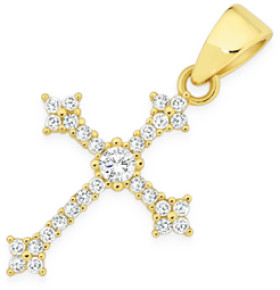 9ct+Gold+Cubic+Zirconia+Fancy+Cross+Pendant