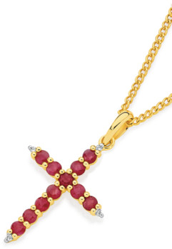 9ct-Gold-Natural-Ruby-Diamond-Cross-Pendant on sale