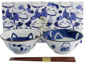 Tokyo-Design-Studio-Kawaii-Cat-Neko-2pc-Bowl-with-Chopsticks-Blue-Cat on sale