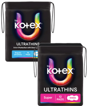 U-By-Kotex-Ultra-Thin-Pads-with-Wings-Regular-14-Pack-or-Super-12-Pack on sale