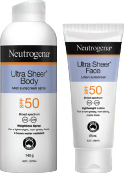 Neutrogena+Ultra+Sheer+Body+Mist+Sunscreen+SPF+50+140g+or+Ultra+Sheer+Face+Lotion+Sunscreen+SPF+50+88mL
