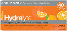 Hydralyte+Orange+Flavoured+Electrolyte+40+Effervescent+Tablets