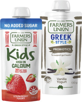 Farmers-Union-Greek-Style-or-No-Added-Sugar-Kids-Yogurt-Pouch-130g on sale