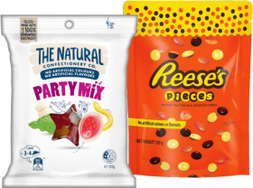 The-Natural-Confectionery-Co-Bags-130230g-Pascall-Lollies-150300g-or-Reeses-Pieces-Chocolate-120g-Selected-Varieties on sale