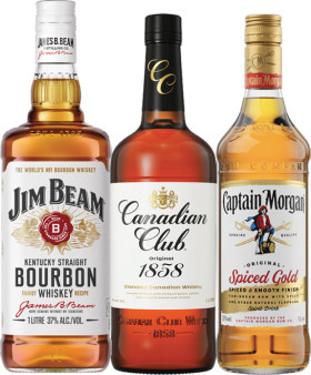 Jim-Beam-White-Label-Bourbon-Canadian-Club-Original-Whisky-or-Captain-Morgan-Spiced-Gold-1-Litre on sale