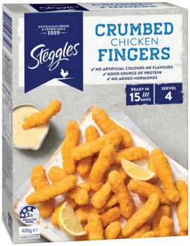 Steggles-Crumbed-Chicken-Fingers-400g-or-Tempura-Chicken-Dino-Snacks-400g on sale
